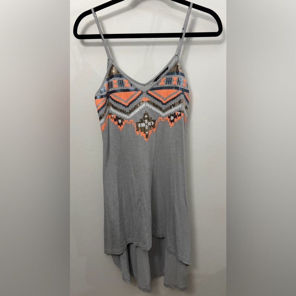 Express Gray Tank Top Dress with Neon Coral & Metallic Sequin Trim